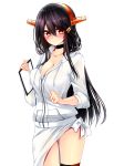  1girl black_hair blush breasts cowboy_shot hair_ornament hairclip haruna_(kantai_collection) headgear highres holding jewelry kantai_collection medium_breasts notepad ring simple_background smile solo tsukui_kachou wedding_band white_background 