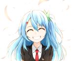  1girl ^_^ blazer blue_hair closed_eyes collared_shirt eyebrows eyebrows_visible_through_hair grin hair_between_eyes head_tilt healther jacket long_hair necktie one_side_up original red_necktie shirt smile solo upper_body white_background white_shirt wing_collar 