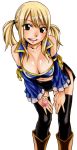  1girl black_legwear blonde_hair breasts brown_eyes cleavage detached_sleeves fairy_tail hands_on_thighs highres large_breasts leaning_forward long_hair looking_at_viewer lucy_heartfilia mashima_hiro navel official_art open_mouth simple_background solo tattoo thighhighs twintails white_background 