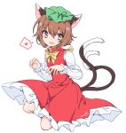  1girl :d animal_ears bent_knees blush bow bowtie brown_eyes brown_hair cat_ears cat_girl cat_tail chen dress fang frilled_dress frills full_body green_hat hat heart jewelry long_sleeves looking_at_viewer mob_cap multiple_tails nekomata open_mouth puffy_long_sleeves puffy_sleeves red_dress short_hair signature single_earring smile solo spoken_heart tail touhou white_background yellow_bow yellow_bowtie yukimiya_(parupunta) 