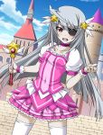 1girl ahoge collarbone covered_navel dress eyepatch hair_ornament holding infinite_stratos laura_bodewig long_hair lowres magical_girl open_mouth outdoors pink_dress pleated_dress silver_hair solo thigh-highs white_legwear wristband 