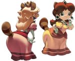  2girls animal_ears blonde_hair blue_eyes brown_hair crown dress earrings gloves jewelry koki_(ryoushikiha) long_hair super_mario_bros. multiple_girls princess_daisy princess_peach raccoon_ears raccoon_tail super_mario_bros. tail 