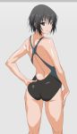 1girl ass back black_eyes black_hair code_geass competition_swimsuit from_behind hand_on_hip hand_on_own_thigh looking_at_viewer looking_back one-piece_swimsuit shino_(comic_penguin_club) short_hair smile solo swimsuit 