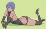  1girl anklet ass assassin_(fate/prototype_fragments) barefoot black_gloves black_legwear black_panties blue_eyes blue_hair blush breasts collarbone dark_skin elbow_gloves fate/grand_order fate/prototype fate/prototype:_fragments_of_blue_and_silver fate_(series) full_body gloves jewelry large_breasts looking_at_viewer lying on_stomach panties partly_fingerless_gloves revision short_hair sideboob simple_background smile solo thigh-highs toeless_legwear underwear utu_(ldnsft) 