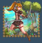  1girl arrow blue_sky boots bow_(weapon) bracer brown_boots brown_gloves brown_hair brown_shorts cross-laced_clothes drawing_bow flower full_body gloves hair_flower hair_ornament lanfanarts legband long_hair midriff navel outdoors ponytail shorts signature sky solo tree tree_of_savior violet_eyes weapon 