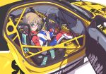  1girl ahoge aqua_eyes blonde_hair car carbon_fiber glasses ground_vehicle harness helmet highres light_smile long_sleeves looking_at_viewer low_twintails mazda_rx-7 motor_vehicle nenchi original racecar racing_suit rollcage sitting solo twintails vehicle_interior white_background 