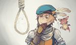  1boy :3 :d alternate_costume animal artist_request bangs beret blue_hat brown_eyes brown_gloves chin_stroking dragon eyebrows eyebrows_visible_through_hair gloves gran_(granblue_fantasy) granblue_fantasy grey_background hair_between_eyes hand_on_own_chin hand_on_own_face hat hat_feather hawkeye_(granblue_fantasy) light_brown_hair meme noose open_mouth photo_reference rabbit rope scarf short_hair shoulder_pads smile solo source_request thinking translated upper_body vee_(granblue_fantasy) white_scarf 