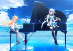  2girls akahoshi_korona aoumi_lamune black_legwear blonde_hair blue blue_eyes blue_necktie blue_ribbon blue_skirt closed_eyes hair_ornament hair_ribbon highres holding instrument lamunation long_hair looking_at_viewer multiple_girls music necktie playing_instrument playing_piano ramune ribbon ringonotane shirt silver_hair sitting skirt thigh-highs white_legwear white_shirt 