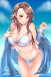  1girl alternate_costume bare_shoulders bikini blue_sky blush breasts brown_eyes brown_hair catalina_(granblue_fantasy) cleavage clouds collarbone granblue_fantasy hand_on_breast highres large_breasts leaning_forward long_hair navel sg_(sg_rough) sky smile solo swimsuit water white_bikini 