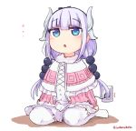  1girl artist_request bangs beads blue_eyes blush capelet commentary_request dragon_girl electric_socket full_body gradient_hair hair_beads hair_ornament hairband highres horns kanna_kamui kobayashi-san_chi_no_maidragon long_hair multicolored_hair recharging solo tail thigh-highs twintails white_legwear 