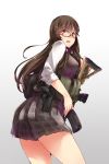  1girl ass ayyh breasts brown_hair glasses gradient gradient_background gun handgun highres holster looking_back miniskirt parted_lips pleated_skirt pouch red_eyes semi-rimless_glasses skirt vest weapon 