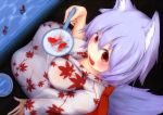  1girl animal animal_ears blush breasts cleavage fang fish fuu_(fuu_18) inubashiri_momiji japanese_clothes kimono large_breasts looking_at_viewer looking_up open_mouth red_eyes short_hair silver_hair sitting solo summer tail touhou wolf_ears wolf_tail yukata 
