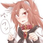  1girl animal_ears blush brooch brown_hair collar eyebrows eyebrows_visible_through_hair fang highres imaizumi_kagerou jewelry open_mouth raised_eyebrows red_eyes solo the_maa touhou trembling white_hair wolf_ears 