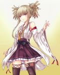  1girl aoki_hagane_no_arpeggio bare_shoulders black_legwear blonde_hair breasts brown_skirt cleavage collarbone cosplay detached_sleeves highres japanese_clothes kantai_collection kongou_(aoki_hagane_no_arpeggio) kongou_(kantai_collection) kongou_(kantai_collection)_(cosplay) lips looking_at_viewer medium_breasts miniskirt namesake nontraditional_miko parted_lips pleated_skirt short_twintails skirt skirt_set taka-kun thigh-highs twintails zettai_ryouiki 