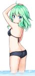  1girl ahoge alternate_costume aqua_eyes arm_on_head arm_up ass back bikini black_bikini blush breasts butt_crack cowboy_shot from_side green_hair highres komeiji_koishi looking_at_viewer looking_to_the_side ominaeshi_(takenoko) parted_lips partially_submerged small_breasts solo swimsuit touhou white_background 