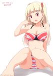  1girl bangs barefoot bikini blonde_hair blush breasts cleavage kichihachi large_breasts long_hair looking_at_viewer open_mouth red_eyes sitting smile solo swimsuit tokyo_7th_sisters twitter_username two_side_up uesugi_u_kyouko 
