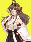  1girl ahoge bangs bare_shoulders bespectacled breasts brown_eyes brown_hair brown_skirt detached_sleeves double_bun glasses hairband hand_on_glasses hand_on_hip hand_up headgear highres houmatu_awa japanese_clothes kantai_collection kongou_(kantai_collection) long_hair looking_at_viewer nontraditional_miko one_eye_closed open_mouth red-framed_eyewear ribbon-trimmed_sleeves ribbon_trim simple_background skirt smile solo violet_eyes wide_sleeves yellow_background 