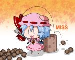  1girl :3 basket blue_hair blush bow brooch chestnut chibi commentary_request dress full_body hair_bow hat holding jewelry leaf mob_cap motion_lines noai_nioshi open_mouth pink_dress puffy_short_sleeves puffy_sleeves red_bow remilia_scarlet ribbon-trimmed_clothes ribbon_trim shadow short_hair short_sleeves smile solo standing stitches throwing touhou |_| 