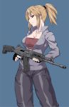  1girl assault_rifle black_gloves blonde_hair blue_background breasts cleavage collarbone covered_nipples cowboy_shot ebr-kii fingerless_gloves gloves gun jacket large_breasts long_hair original pants ponytail red_eyes revision rifle sidelocks solo standing strapless trigger_discipline tubetop unzipped weapon 