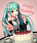 1girl aqua_eyes aqua_hair aqua_necktie bare_shoulders blueberry breasts cake chocolate chocolate_heart collared_shirt cup detached_sleeves english eyebrows eyebrows_visible_through_hair food fruit grey_shirt hair_between_eyes hair_ornament hair_scrunchie happy_birthday hatsune_miku head_tilt heart holding holding_spoon long_hair looking_at_viewer mouth_hold musical_note necktie number pink_background quaver rjngo saucer scrunchie shirt sleeveless sleeveless_shirt small_breasts solo spoon strawberry teacup twintails upper_body v very_long_hair vocaloid wing_collar 