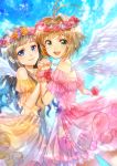  2girls bare_shoulders black_hair blue_eyes brown_hair cardcaptor_sakura daidouji_tomoyo dress flower green_eyes head_wreath interlocked_fingers kinomoto_sakura multiple_girls open_mouth rose smile sparkle tamaru wings 