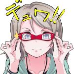  1girl adjusting_glasses bangs bespectacled blue_eyes blush closed_mouth collarbone frown glasses grey_hair hair_between_eyes jewelry kurihara_kenshirou love_live! love_live!_sunshine!! necklace short_hair simple_background solo ultra_eye ultra_series ultra_seven_(series) watanabe_you white_background wristband 