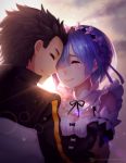  1boy 1girl black_hair blue_hair closed_eyes couple forehead-to-forehead hair_ornament hair_over_one_eye hetero maid_headdress natsuki_subaru re:zero_kara_hajimeru_isekai_seikatsu rem_(re:zero) short_hair smile tears un_s x_hair_ornament 