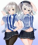  2girls alternate_costume beret blue_background blush breasts employee_uniform eyebrows eyebrows_visible_through_hair gradient gradient_background hair_ornament hair_ribbon hairclip hamakaze_(kantai_collection) hat highres holding holding_hat kantai_collection kashima_(kantai_collection) large_breasts lawson miniskirt multiple_girls navel open_mouth pleated_skirt ribbon short_hair silver_hair simple_background sin_(kami148) skirt thigh-highs twintails uniform white_background 