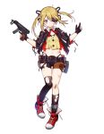  1girl artist_request bandaid blonde_hair blue_eyes blush clenched_teeth eyepatch girls_frontline gloves gun highres looking_at_viewer navel official_art shoes shorts skorpion_vz._61 solo submachine_gun tears teeth torn_clothes twintails weapon 