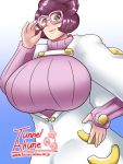  1girl alternate_breast_size artist_request blush breasts gigantic_breasts glasses open_mouth pokemon pokemon_(game) pokemon_sm purple_hair short_hair sweater vicke_(pokemon) 