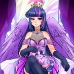    1girl bangs blue_eyes blue_hair breasts cleavage commentary crossed_legs dress elbow_gloves feathered_wings female gloves horn jewelry my_little_pony my_little_pony_friendship_is_magic necklace personification racoon-kun sidelocks sitting smile starlight_glimmer strapless strapless_dress throne twilight_sparkle violet_eyes wings 