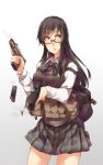  1girl ayyh backpack bag breasts brown_hair glasses gradient gradient_background gun handgun highres looking_to_the_side miniskirt parted_lips pleated_skirt pouch red_eyes semi-rimless_glasses skirt weapon 