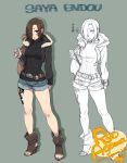  1girl agawa_ryou bag belt black_nails blue_background boots breasts brown_hair denim denim_shorts hair_over_one_eye looking_at_viewer nail_polish original red_eyes short_hair shorts simple_background solo sweater tattoo toeless_boots watermark web_address 