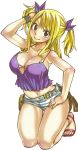  1girl arm_on_head arm_up beltskirt blonde_hair breasts brown_eyes cleavage fairy_tail hair_over_shoulder hand_on_thigh large_breasts long_hair looking_at_viewer lucy_heartfilia mashima_hiro navel official_art sandals short_shorts shorts simple_background smile solo spaghetti_strap white_background 