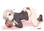  1girl all_fours animal_ears ball bangs black_jacket black_legwear blonde_hair blue_eyes blush brown_shoes bunny_tail from_side full_body grin heart jacket loafers looking_at_viewer martina_crespi military military_uniform panties red_panties shoes short_hair smile soccer_ball socks solo strike_witches string_panties tail underwear uniform wanyan_aguda world_witches_series 