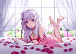 1girl bare_shoulders bed bed_sheet book breasts cleavage_cutout curtains dress elf emilia_(re:zero) flower hair_flower hair_ornament highres long_hair looking_at_viewer lying medium_breasts on_stomach open_book open_mouth pointy_ears purple_dress re:zero_kara_hajimeru_isekai_seikatsu silver_hair solo straight_hair violet_eyes window yin. 