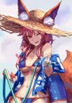  1girl animal_ears bikini bikini_top fate/grand_order fate_(series) fox_ears fox_tail hat hfp~kubiao highres hose innertube midriff navel one_eye_closed pink_hair solo straw_hat sun_hat swimsuit tail tamamo_(fate)_(all) tamamo_no_mae_(swimsuit_lancer)_(fate) yellow_eyes 