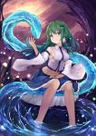  1girl aqua_eyes bare_shoulders barefoot blue_skirt breasts commentary_request detached_sleeves frilled_skirt frills frog_hair_ornament green_hair hair_between_eyes hair_ornament hair_tubes hand_on_own_thigh highres kochiya_sanae light_particles long_hair looking_at_viewer medium_breasts midriff no_navel pi-pie purple_sky shirt sideboob sitting sitting_on_animal skirt smile snake snake_hair_ornament solo touhou water white_shirt wide_sleeves 