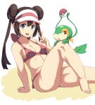  1girl bikini blue_eyes breasts brown_hair cleavage double_bun hair_bun highres looking_at_viewer mei_(pokemon) moisture_(chichi) open_mouth poke_ball pokemon pokemon_(creature) pokemon_(game) pokemon_bw2 small_breasts snivy swimsuit twintails v visor_cap 