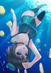  1girl adapted_costume alternate_costume aqua_eyes aqua_swimsuit black_legwear breasts brown_hair caustics from_below hair_ornament highres kantai_collection large_breasts lips looking_at_viewer maya_(kantai_collection) ocean open_mouth perspective school_swimsuit short_hair solo submerged swimsuit thigh-highs underwater upside-down water x_hair_ornament yasuto_(eria151) 