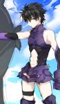  1boy abs adapted_costume armor armored_dress armpits bare_shoulders black_hair blue_eyes boots dated elbow_gloves fate/grand_order fate_(series) gloves highres looking_at_viewer male_protagonist_(fate/grand_order) minazaka navel_cutout purple_armor purple_boots purple_gloves serious shield shielder_(fate/grand_order) shielder_(fate/grand_order)_(cosplay) short_hair signature thigh-highs thigh_boots thigh_strap 