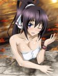  1girl bare_shoulders black_hair bracelet breasts cleavage collarbone eyebrows eyebrows_visible_through_hair hair_ribbon infinite_stratos jewelry large_breasts long_hair lowres naked_towel one_eye_closed outdoors ponytail ribbon shinonono_houki shiny shiny_skin solo towel violet_eyes white_ribbon white_towel 