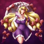  1girl blonde_hair breasts cleavage colored_eyelashes curvy dress elbow_gloves eyes fan folding_fan frills gap gloves hair_ribbon hat hat_ribbon highres large_breasts long_hair mazume mob_cap puffy_short_sleeves puffy_sleeves purple_dress ribbon short_dress short_sleeves solo touhou very_long_hair violet_eyes wide_hips yakumo_yukari 