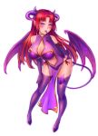  1girl bat_wings blush breasts burbur cleavage demon_girl demon_horns demon_tail demon_wings dress finger_to_mouth gloves horns large_breasts long_hair looking_at_viewer open_mouth panties purple_dress redhead see-through simple_background succubus tail thigh-highs transparent_background underwear violet_eyes wings 