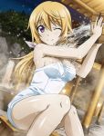  1girl blonde_hair breasts charlotte_dunois eyebrows eyebrows_visible_through_hair hair_between_eyes hair_ribbon infinite_stratos long_hair lowres medium_breasts naked_towel one_eye_closed outdoors ribbon shiny shiny_skin sideboob sitting smile solo towel violet_eyes water white_ribbon white_towel 