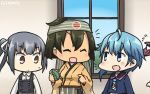  4girls asagumo_(kantai_collection) asymmetrical_hair blouse blue_blouse blue_eyes blue_hair blush commentary crescent crescent_moon_pin dated flying_sweatdrops hachimaki hair_between_eyes hamu_koutarou headband highres hiryuu_(kantai_collection) kantai_collection kasumi_(kantai_collection) minazuki_(kantai_collection) multiple_girls open_mouth school_uniform serafuku short_hair side_ponytail suspenders sweatdrop translated white_blouse window 