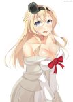  1girl bare_shoulders blonde_hair blue_eyes braid breasts cleavage crown dress french_braid hairband kankitsunabe_(citrus) kantai_collection large_breasts long_hair mini_crown off-shoulder_dress off_shoulder open_mouth warspite_(kantai_collection) 