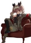  1girl anchovy belt black_boots black_ribbon black_shirt blurry boots crossed_legs depth_of_field drill_hair eyebrows eyebrows_visible_through_hair girls_und_panzer green_hair grey_jacket grey_pants hair_between_eyes hair_ornament hair_ribbon hand_on_own_chest head_tilt jacket knee_boots lens_flare long_hair looking_at_viewer military military_uniform oono_imo open_clothes open_jacket orb pants red_eyes ribbon shirt sitting smile solo twin_drills twintails uniform white_background 