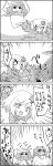  &gt;_&lt; 2girls 4koma aki_shizuha ascot bow cirno closed_eyes comic commentary dress greyscale hair_bow hair_ornament hat highres ice ice_wings jitome jumping leaf_hair_ornament letty_whiterock monochrome multiple_girls person_on_head pointing scarf smile sweat sweatdrop tani_takeshi touhou translated wings yukkuri_shiteitte_ne 
