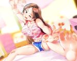  1girl barefoot blurry breasts brown_hair depth_of_field feet gym_shorts large_breasts long_hair one_eye_closed original ryouma_(galley) shorts sitting soles solo sparkle stretch tank_top toes violet_eyes 